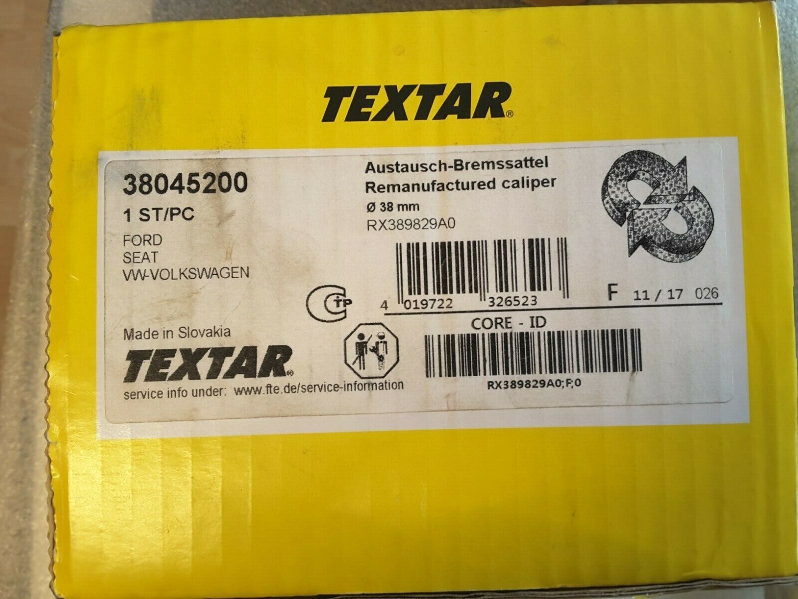 Bremssattel Hinterachse Original Textar 38045200, Rechts VW Vento 1H2 NEU.