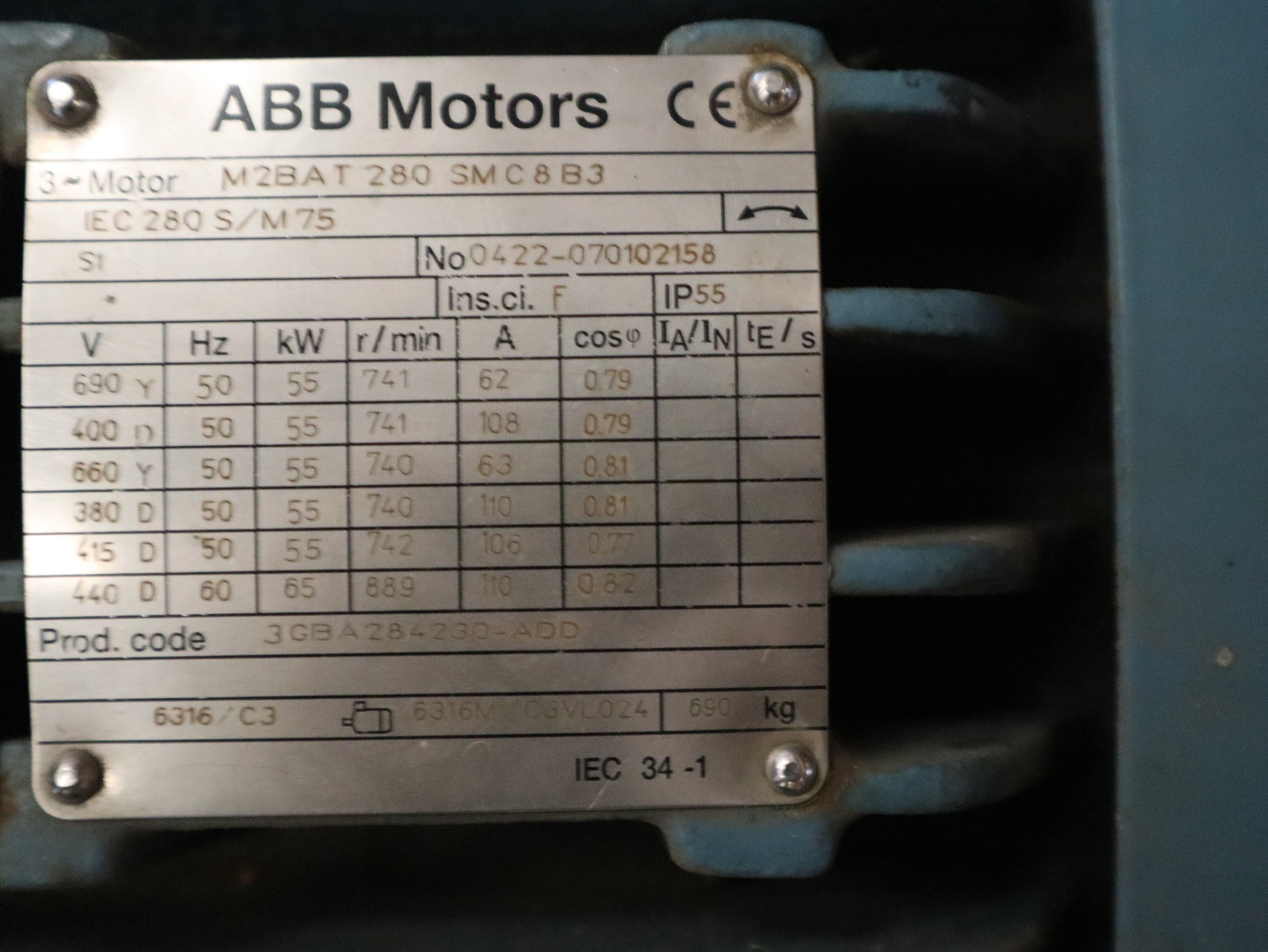 ABB Elektromotor,Drhestrommotor,M2BAT280SMC8B3, 55KW,741r/min Neu