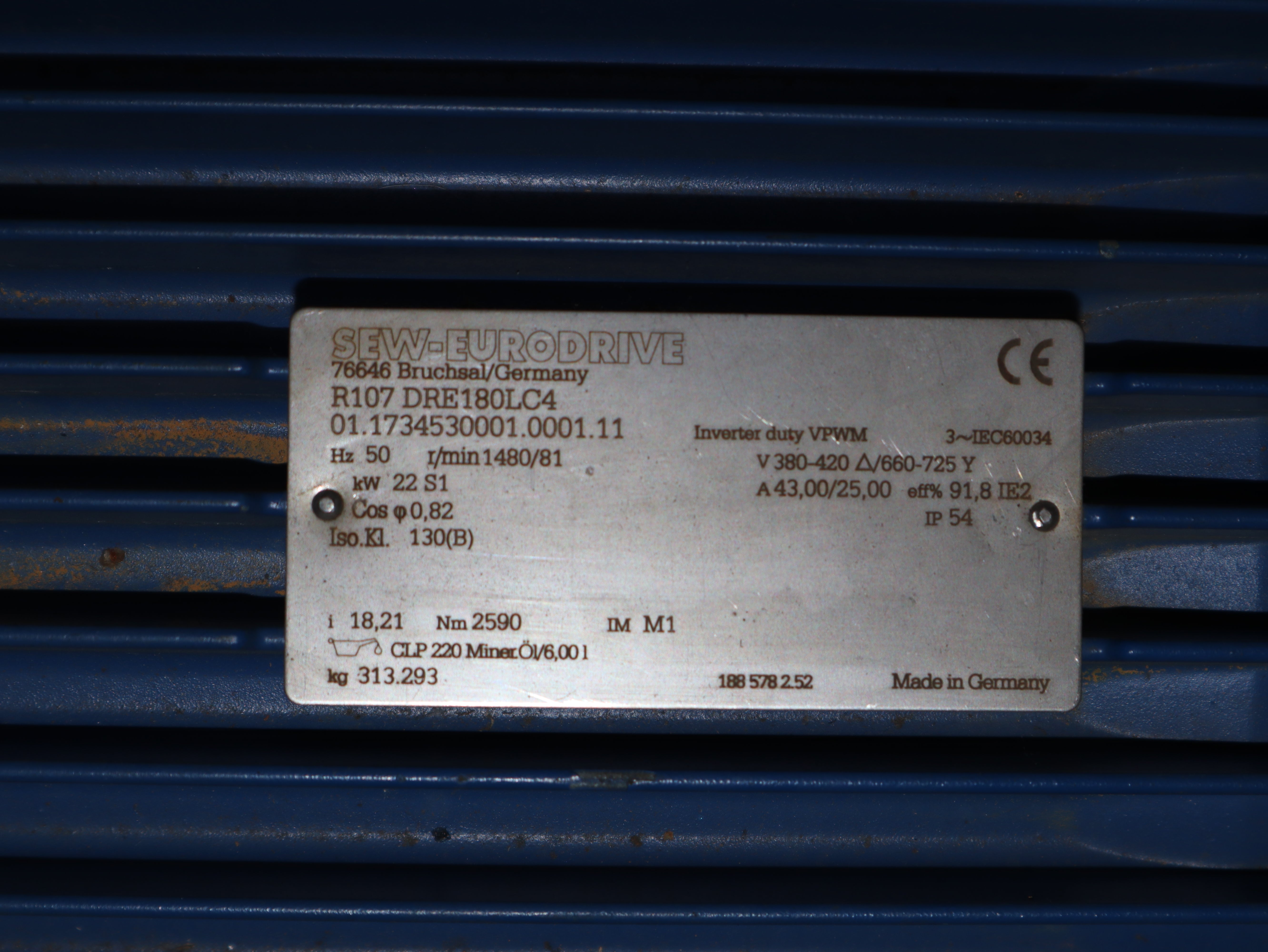 SEW Eurodrive Getriebemotor R107DRE180LC4, 22 s1 KW 50Hz 1480/s1 r/min Neu